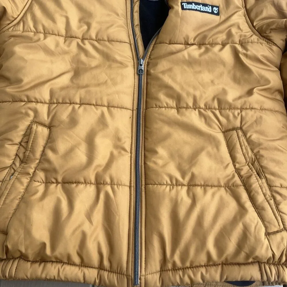 TIMBERLAND Boys Puffer Jacket Tan Hooded Winter Full Zipper Size Large (14-16)
